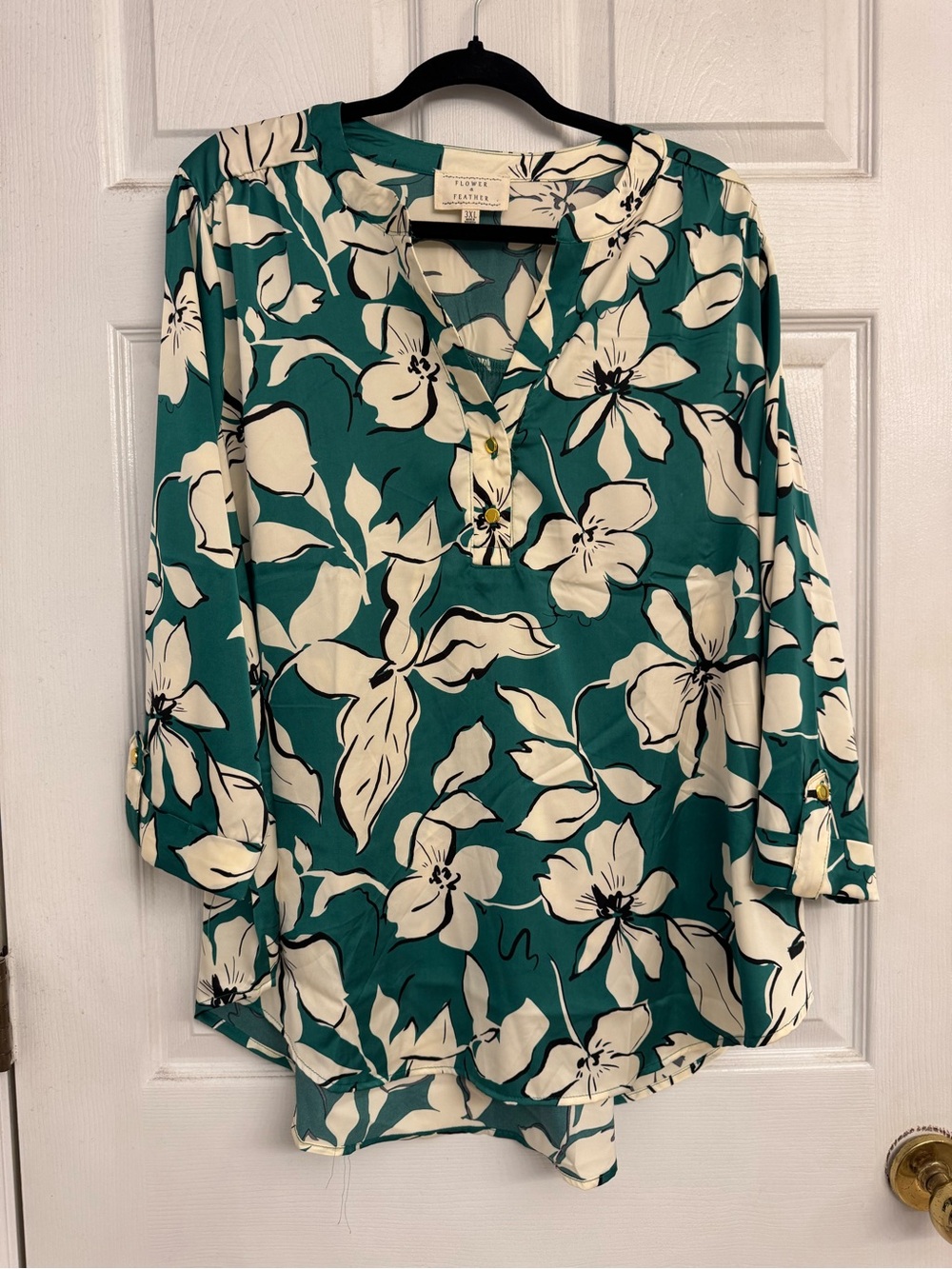 Pleione Teal and Cream Floral Tunic Blouse